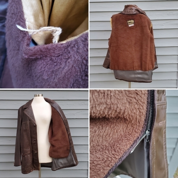 Vintage 70s Western Sears Brown Leather Shop Fleece Insulated Car Coat Jacket Lg - Picture 4 of 6